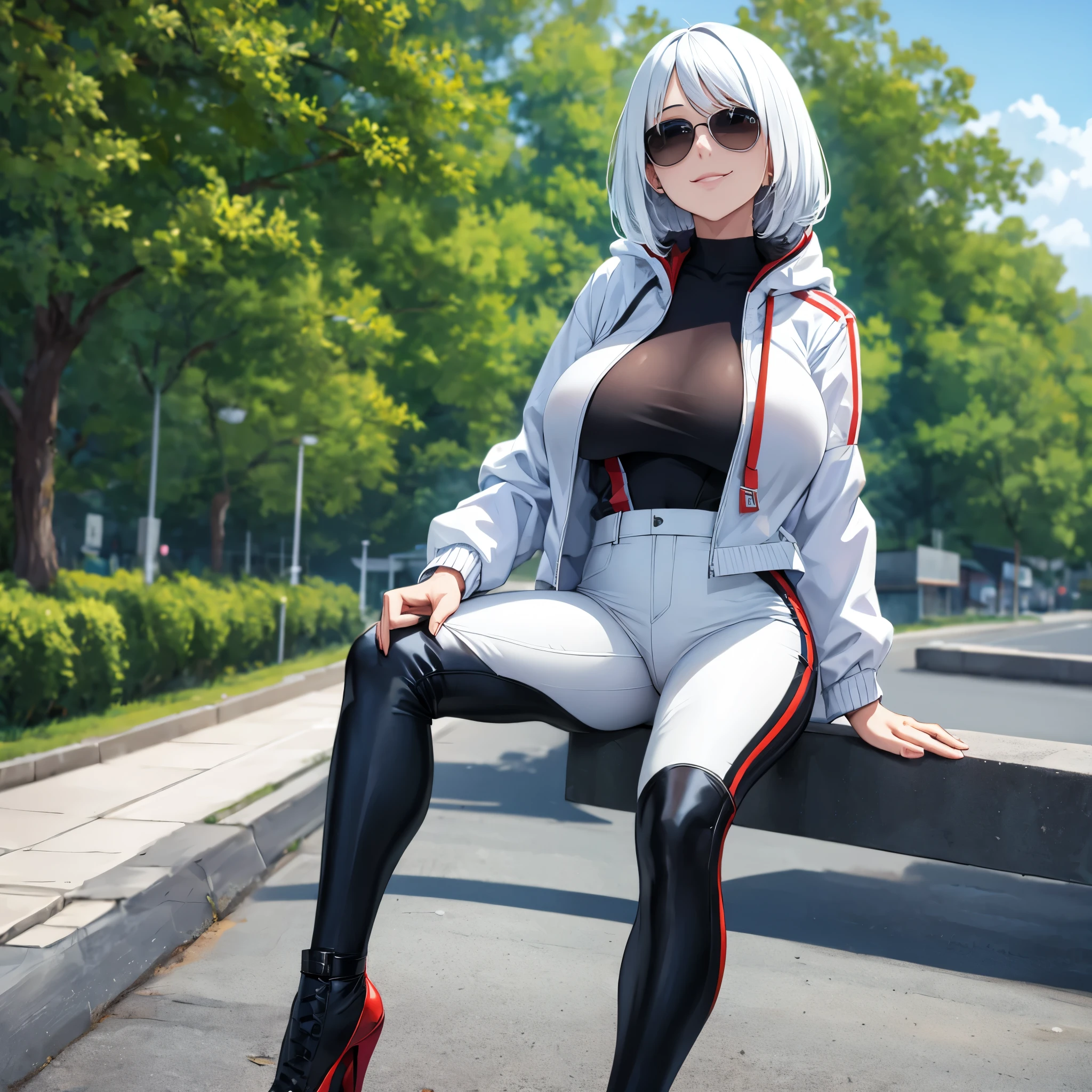A woman wearing long open white jacket, black shirt, tight black pants, black women's heels, short white hair, ice blue eyes, smiling, sunglasses over her hair, big breasts, walking on a concrete sidewalk, in a park with few trees in the place, wide view of the sky.UHD , prime work , accurate , anatomically correct , textured skin , super details , high quality , best quality, 8k, high resolution, bokeh effect. (woman solo)
