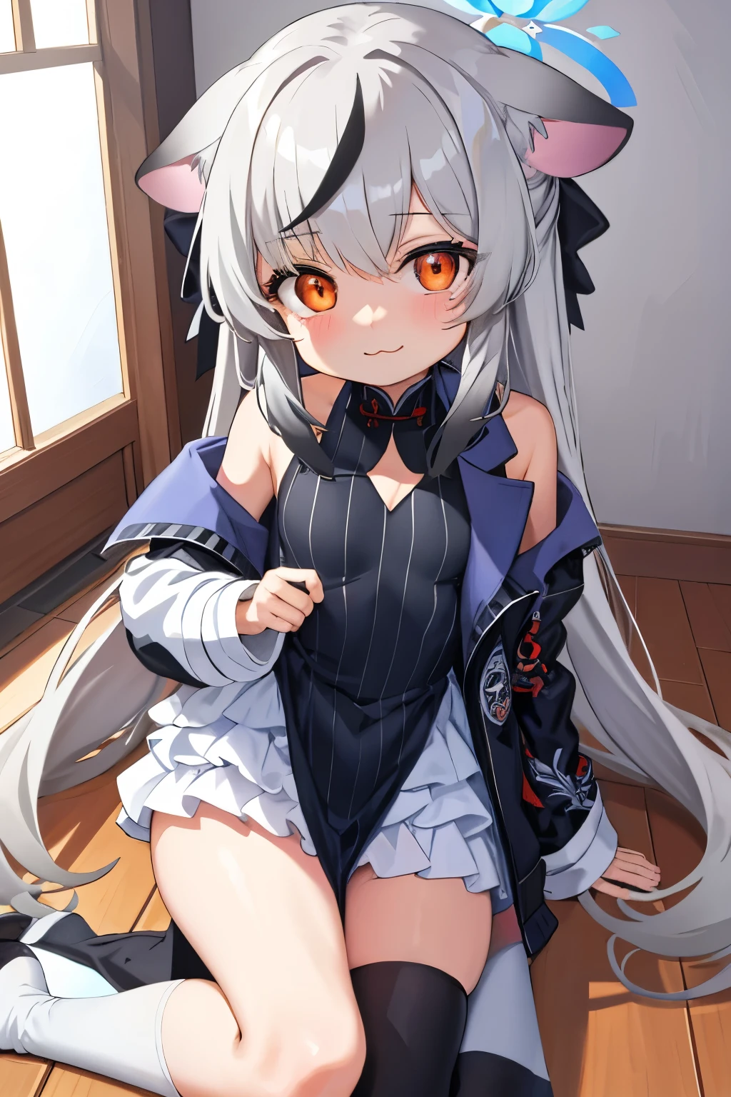 tmasterpiece， best qualtiy， ultra - detailed， 1girll，Gray hair Kokona， inside in room， Orange eye， ：3，the face,  closeup cleavage,  Winter suit, winter wonder
