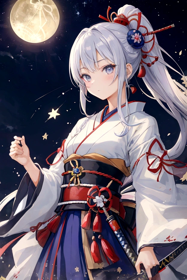 A style that combines traditional Japanese beauty with modern sensibilities.、A powerful and fantastical image。Fearless revolution and anti-war nation、Themes such as Samurai Warriors for Boys and Girls、starの光が描く歴史の物語。Elements of Sum、A girl in a Japanese combat uniform in front、Holding a sword、たくさんのstar々and its shadow,night、star々、流star