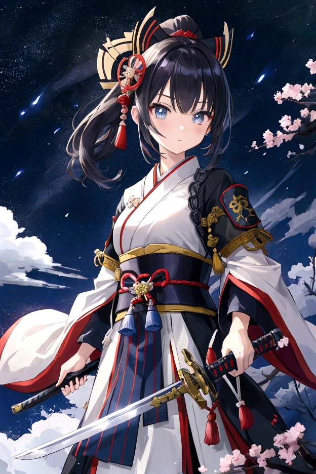 A style that combines traditional Japanese beauty with modern sensibilities.、A powerful and fantastical image。Fearless revolution and anti-war nation、Themes such as Samurai Warriors for Boys and Girls、starの光が描く歴史の物語。Elements of Sum、A girl in a Japanese combat uniform in front、Holding a sword、たくさんのstar々and its shadow,night、star々、流star