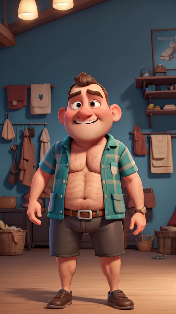 naughty man, Youngh, very lazy, baldie, plumpness, hairy chest, cyclist clothing, medium height, Pixar-style, 4K