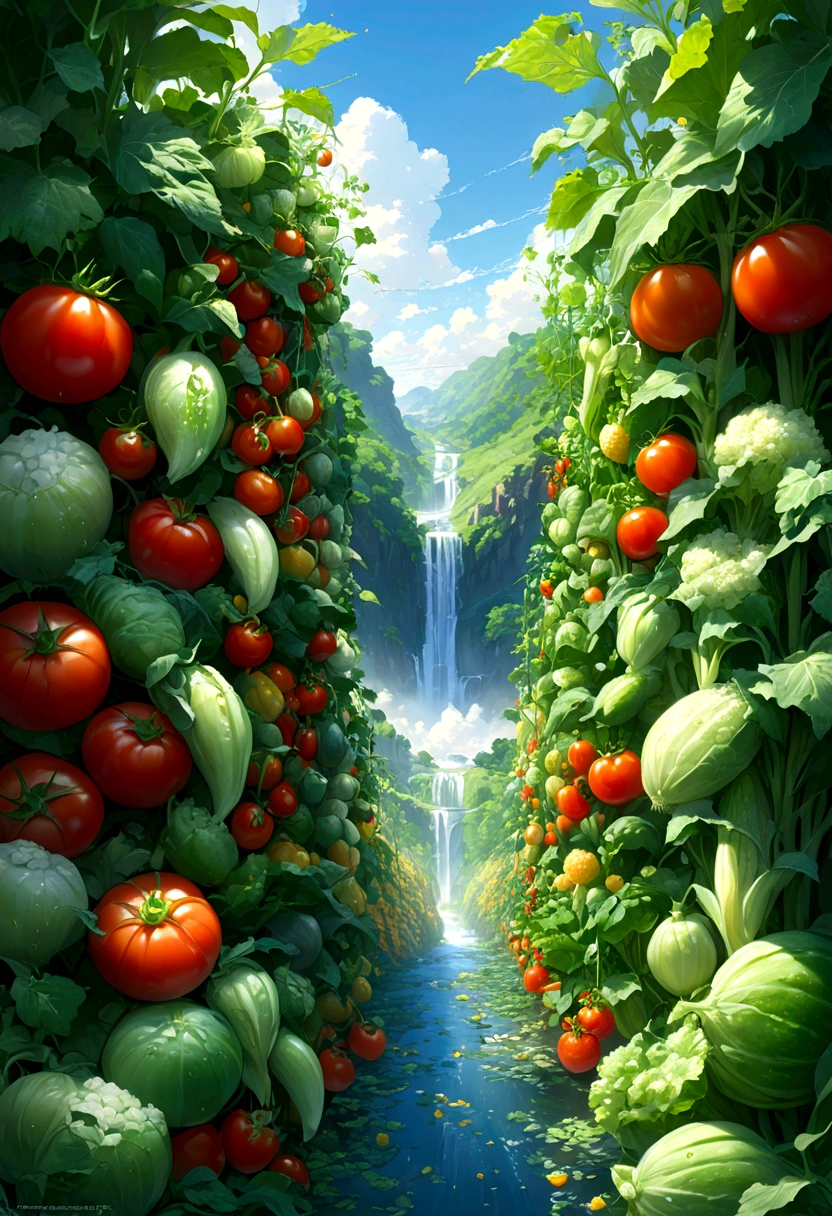 Summer Vegetables in a Dip、Water Flow、Delicious cucumber, Tomatoes and corn、Ice water、Hanging vegetables、beautiful Anime Landscape, landscape painting, Beautiful Numbers, Andreas Rocha, Beautiful artistic illustration, Great wallpaper, Han Ruiwen, Tall and beautiful painting, Gribble Studio Makoto Shinkai, Beautiful wallpaper, Anime Landscape