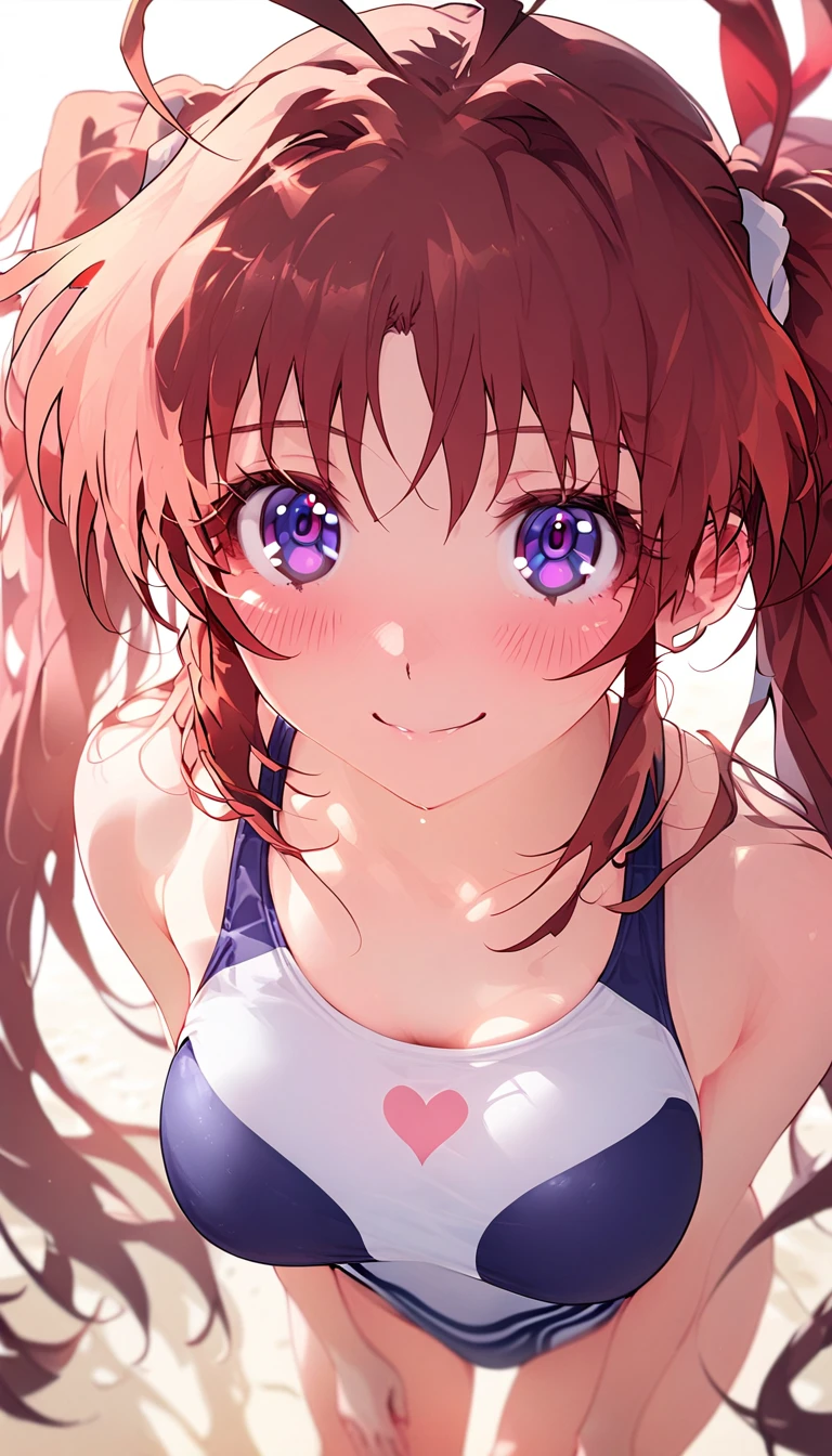 masterpiece, best quality, extremely detailed,upper_body,curvy,extreme close-up,foreground,absurdity,
face_focus:1.5,

takamachi nanoha the image is of an anime of a woman , 1girl, solo, takamachi nanoha, twintails, long hair, raising heart, purple eyes, Magical Girl Lyrical Nanoha, smilling face with medium breasts lying on the beach, only daughter, breasts, swimsuit, solo, long hair, brown hair, white and blue competition swimsuit, red lines swimsuit, smile, looking at camera, blushing, toes, feet, toes, background deserted island beach white sand beach,nai3,