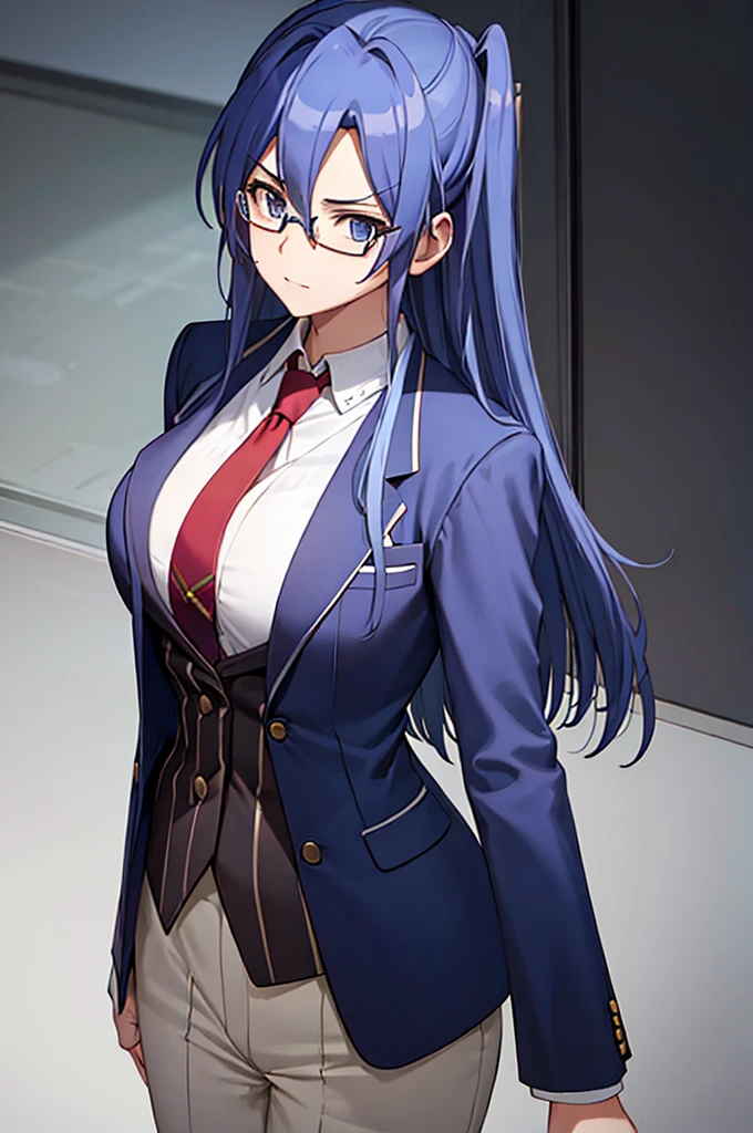 Highest quality, masterpiece,  ((Big Breasts)), uniform, blazer, Blue Hair, Glasses