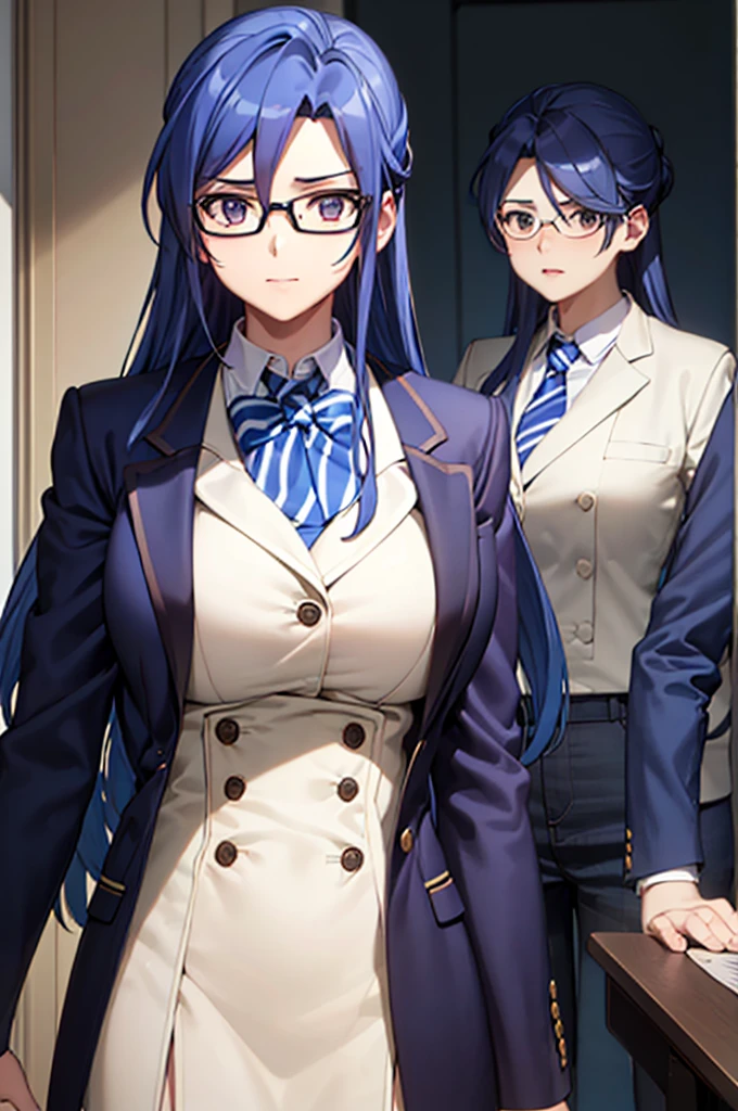 Highest quality, masterpiece,  ((Big Breasts)), uniform, blazer, Blue Hair, Glasses