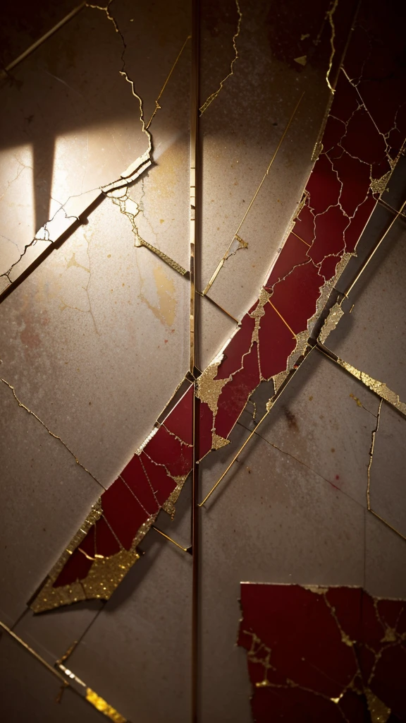 A close-up of a red and gold marble wall with a cracked surface, veins of magma and gold shining in the cracks, evoking the kintsugi technique. Abstract texture combines magma cracks and red metal, broken mirrors, stone and glass with touches of gold, creating a composition of vivid abstractions and dazzling broken glass.