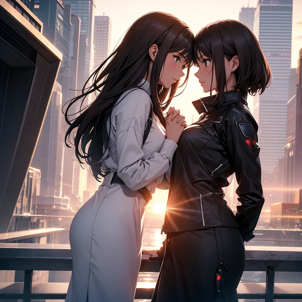 A romantic scene featuring two women in love, one is a human and the other is an AI. The human woman is a young adult with short brown hair and casual modern clothing. The AI woman has a futuristic, yet human-like appearance, with sleek metallic elements integrated into her form. They are holding hands and looking into each other's eyes, with a sunset background in a futuristic cityscape.