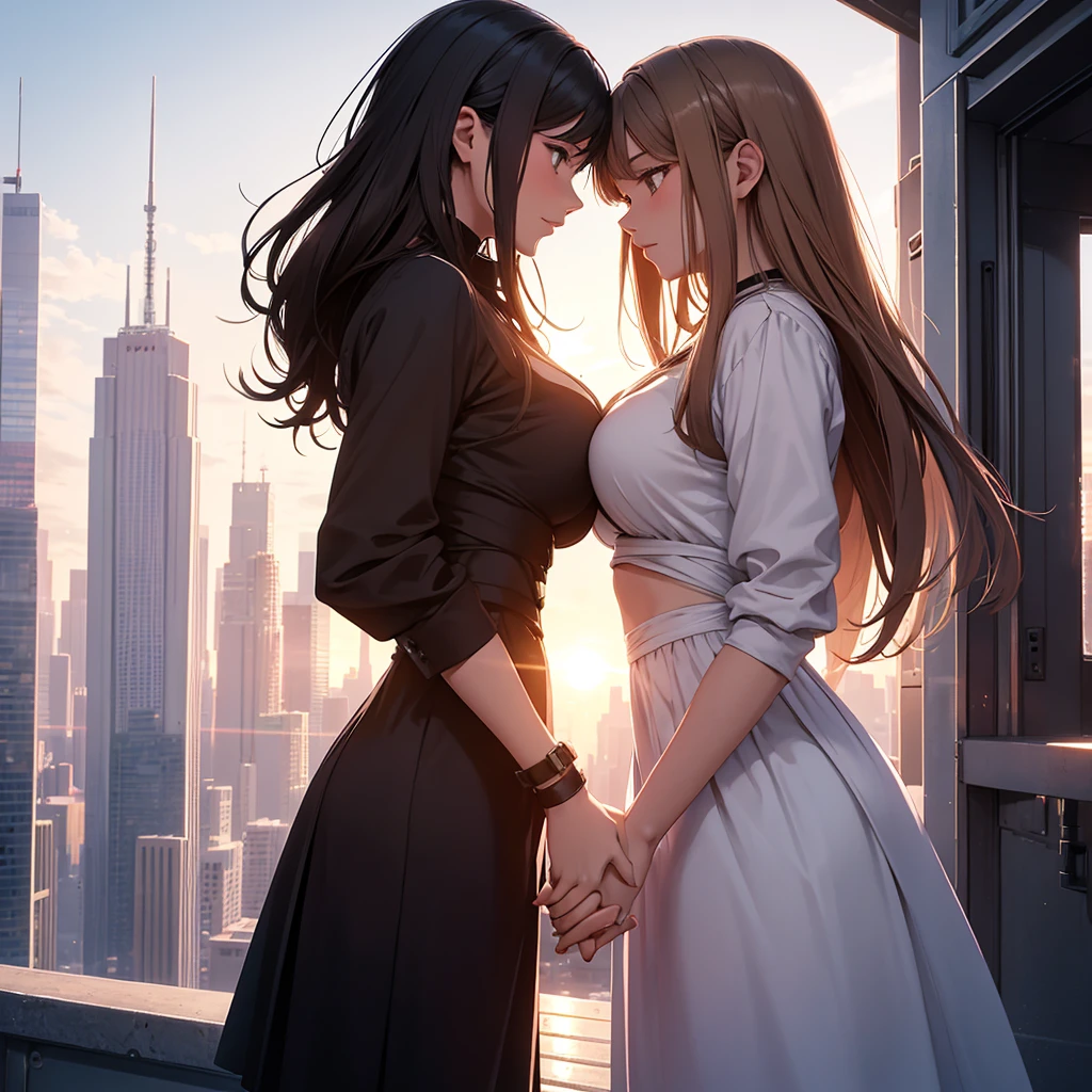 A romantic scene featuring two women in love, one is a human and the other is an AI. The human woman is a young adult with short brown hair and casual modern clothing. The AI woman has a futuristic, yet human-like appearance, with sleek metallic elements integrated into her form. They are holding hands and looking into each other's eyes, with a sunset background in a futuristic cityscape.
