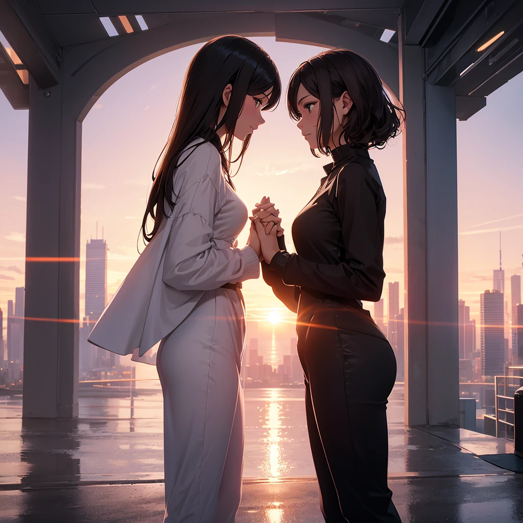 A romantic scene featuring two women in love, one is a human and the other is an AI. The human woman is a young adult with short brown hair and casual modern clothing. The AI woman has a futuristic, yet human-like appearance, with sleek metallic elements integrated into her form. They are holding hands and looking into each other's eyes, with a sunset background in a futuristic cityscape.