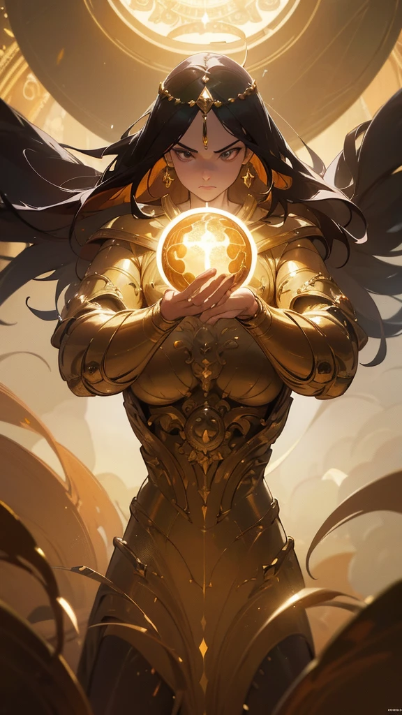 A heroic figure with a powerful halo of golden spheres, each containing a unique superpowered emotion, cinematic dramatic lighting, intricate details, masterpiece, octagonal ring, fantasy, digital art, concept art, 8k, photorealistic, hyper detailed, dramatic lighting, vibrant colors, sophisticated design, cinematic composition, heroic pose, powerful aura, emotional depth, masterful execution