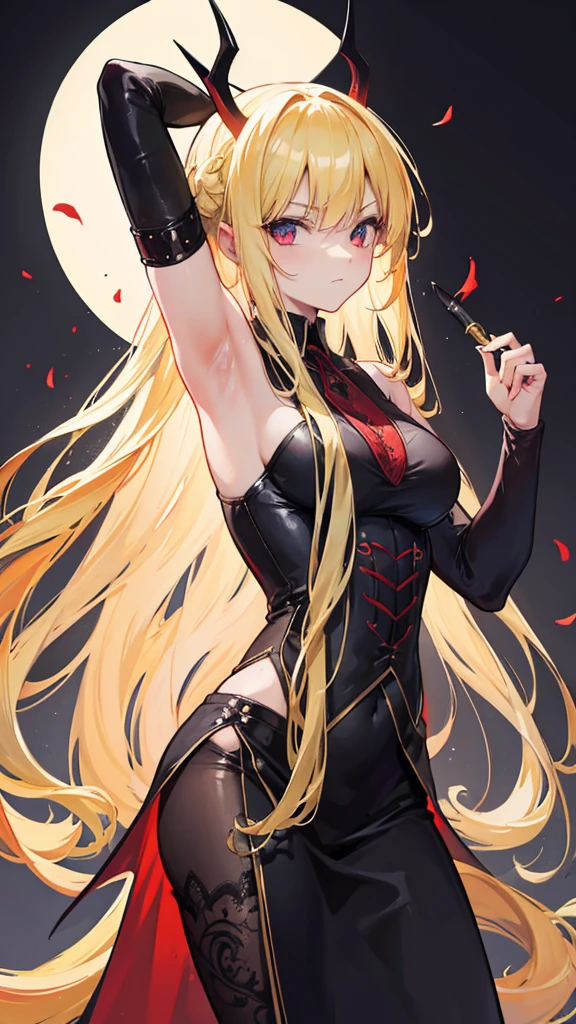 A young demon hunter with long blonde hair and a demonic arm