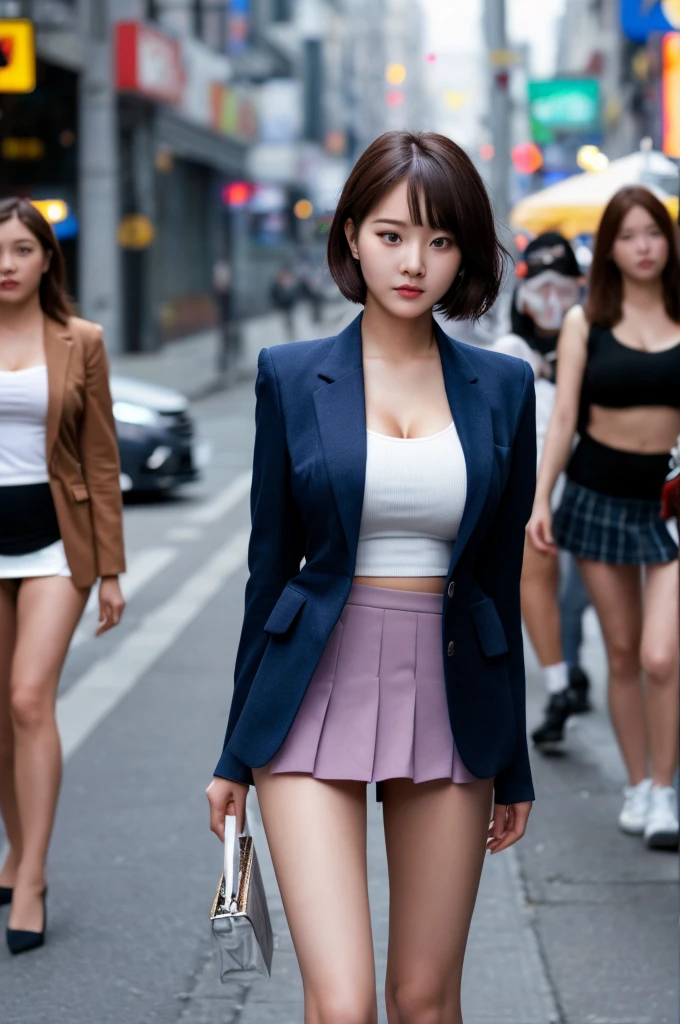 a 18 year old face of the most beautiful actress in the world, the perfect body proportions of a female, blazer on shirt is tight thanks to the large breasts of a female, panties between bare legs under short skirt are seen just a little, the short hair cut of a female is just like male one, standing, at the city street, nsfw, best quality, highly detailed, masterpiece, ultra high res, photo realistic, 8k