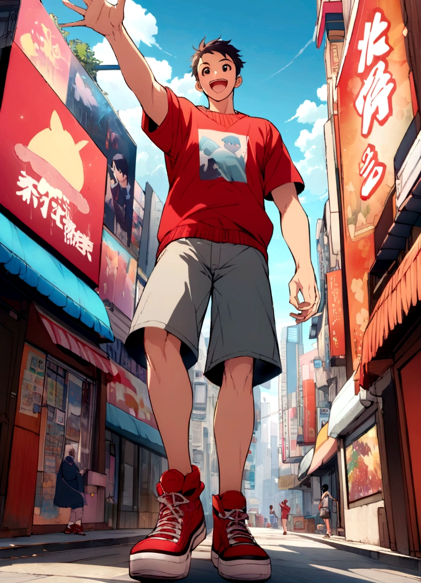 Create an anime-style illustration of a cheerful young man in a bustling cityscape. The perspective should be from a low angle, making the subject appear towering and dynamic. The man is wearing a bright red sweater, gray shorts, and red sneakers. He has a happy expression, with his arm raised in excitement. The background features tall buildings with billboards and advertisements, resembling a vibrant urban setting. The sky is clear with a few clouds, adding to the lively atmosphere.