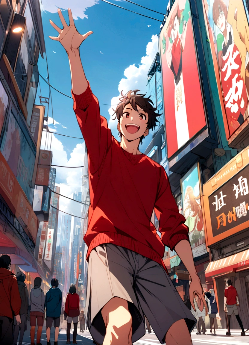 Create an anime-style illustration of a cheerful young man in a bustling cityscape. The perspective should be from a low angle, making the subject appear towering and dynamic. The man is wearing a bright red sweater, gray shorts, and red sneakers. He has a happy expression, with his arm raised in excitement. The background features tall buildings with billboards and advertisements, resembling a vibrant urban setting. The sky is clear with a few clouds, adding to the lively atmosphere.