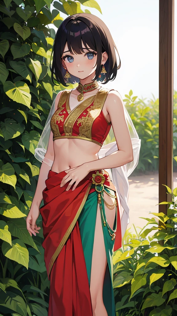 solo, 1female, indian teenage girl, black hair, hair tied in braids, tomboy hair bang, wearing glasses, blushing intensely, skinny body, dark skin, clenching teeth, smiley face, one eye closed, soft lips, red saree, wearing red saree, wearing golden necklace and earrings, wearing golden bracelets, bend over, letting out fart, massive fart, yellow smoke rising, hand on tummy, sexy body, bending forward, leaning, hand on stomach, alone by the river