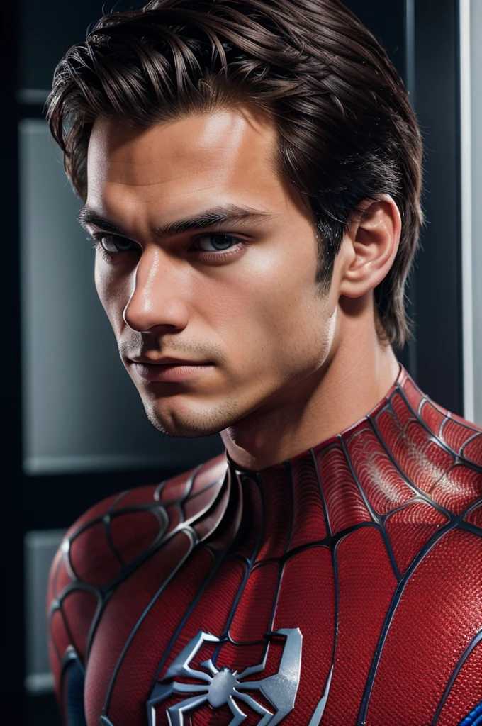 A photograph of spider man, no mask, 20 yo, handsome, detailed face, looking at camera, portrait, 8k uhd, high quality