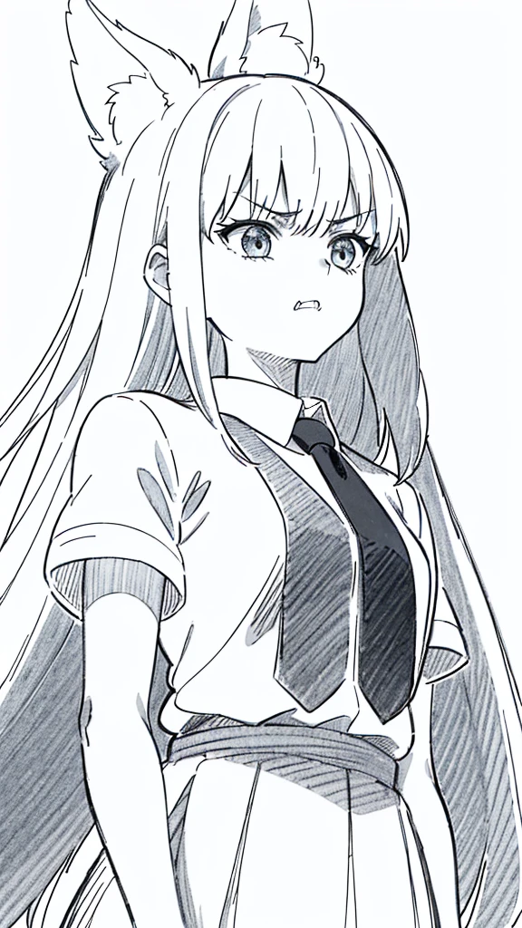 1girl ,20s,angry face,white shirt,short sleeves,(black standard tie),white school skirt,(gray hair),long hair,fox ears,(Line Art,white background,sketch,Pencil drawing,traditional media),,upper body,looking up,from below