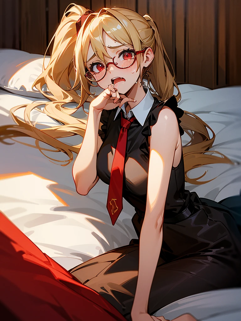 Highest quality,High resolution,１People Girl,whole body,Embrace each other,Look Up,Lying on your back,looking at the camera,Big eyes,Glasses,Crying face,Tears,Stringy saliva,Open your mouth wide,Sticking out tongue,Flush saliva,Overflowing with saliva,ponytail,Golden Hair,Red eyes,Glasses,Bondage,High Leg,Red tie,Tears overflow,Dripping a lot of saliva,Drooling,On the bed,sexy,Western-style room,Alluring,Whip in hand,