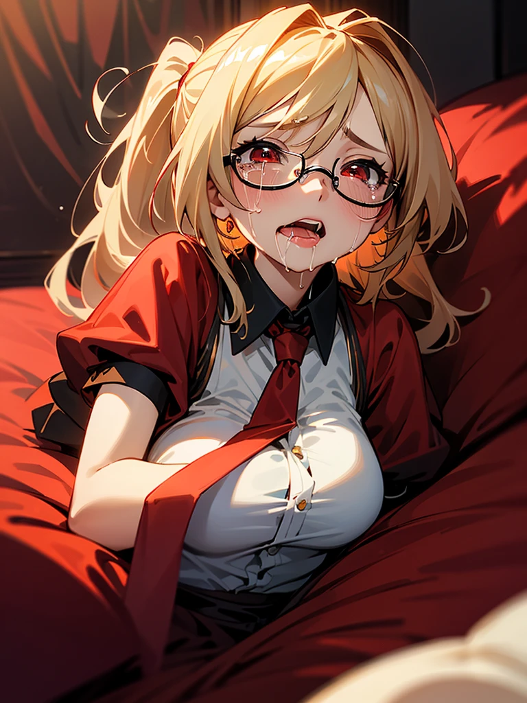 Highest quality,High resolution,1People Girl,whole body,Embrace each other,Look Up,Lying on your back,looking at the camera,Big eyes,Glasses,Crying face,Tears,Stringy saliva,Open your mouth wide,Sticking out tongue,Flush saliva,Overflowing with saliva,ponytail,Golden Hair,Red eyes,Glasses,Bondage,High Leg,Red tie,Tears overflow,Dripping a lot of saliva,Drooling,On the bed,sexy,Western-style room,Alluring,Whip in hand,