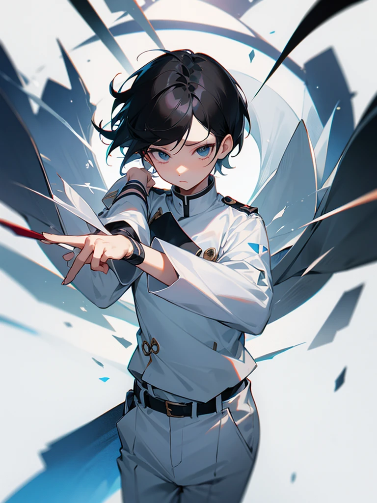 short hair、Black Hair、White Uniform、(Black trousers)、Forehead、knife、Otoku worries too