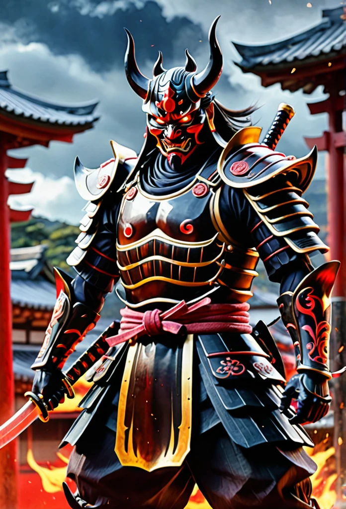 (demon samurai)、(Wearing a demon mask)solo man, glowing red eyes、Like the whole body、(cyborg Armed with a long sharp knife)、Stand facing the front,magnificent artwork、((Kyoto Panel Painting Style))、Wind-effect:1.9、Cloud Effects:1.2、Full Rendering、Encaustic Painting,unrealengine,