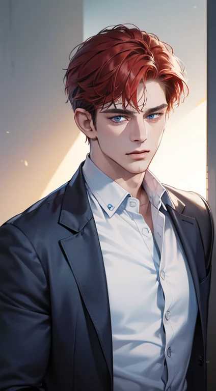 (best quality, masterpiece, 8K, photorealistic, cinematic lighting, 1:4 hdr image, ultra detailed, beautiful image), a mature man, 34 years very handsome, ((cold expression)), short red hair, blue eyes, face perfect without mistakes, ((buttoning his jacket, CEO))