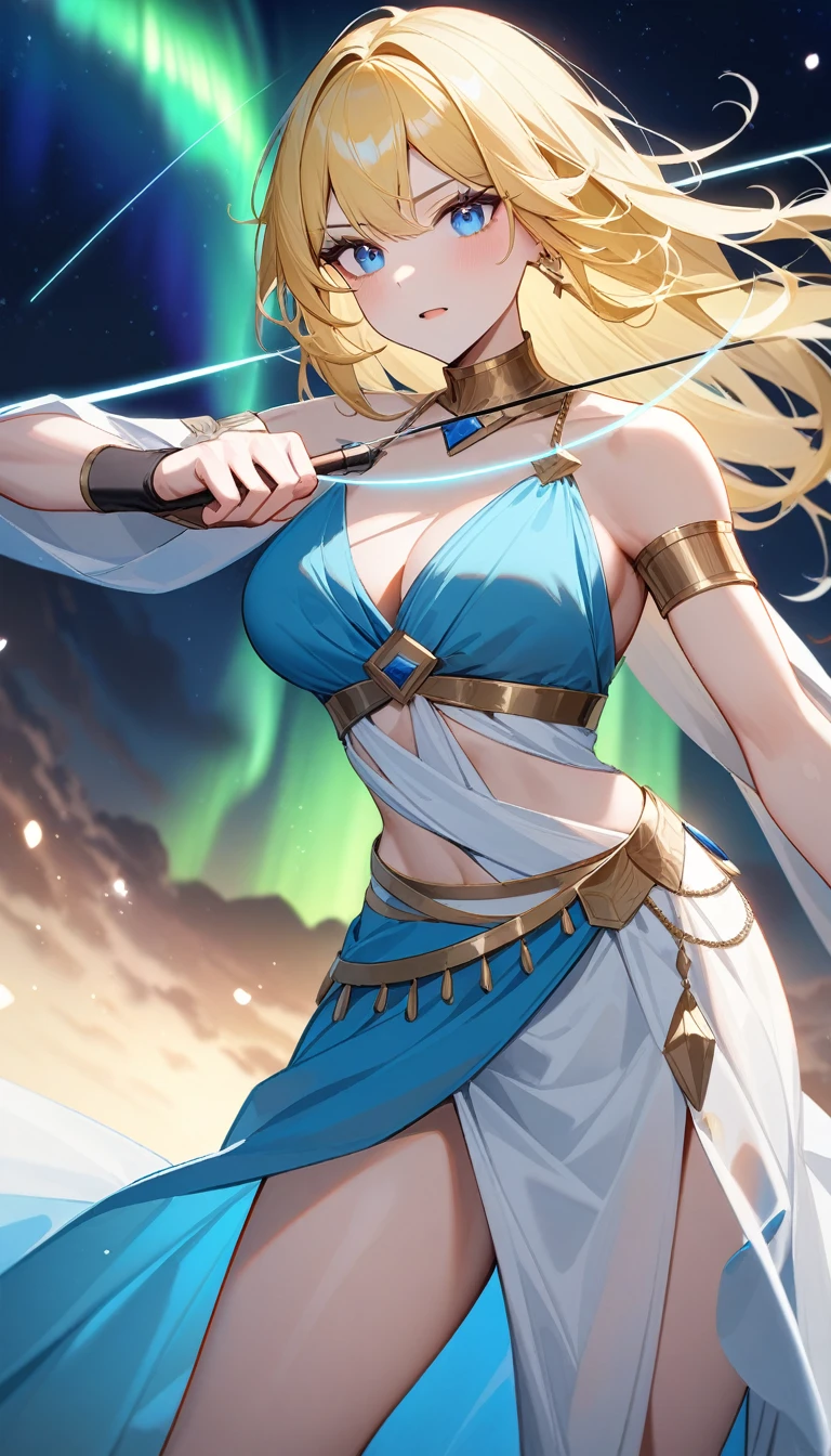(Huang Li、high quality、Extremely detailed),Constellation-Sagittarius Goddess,Huge bow,Woman shooting arrows,Similar to Latin goodness,brave,capricious,Productivity,The face of enterprising and humanitarianism,Long yellow hair,Ancient Greek costumes、Wrap Dress,Conservative clothing,The background is the aurora,Crystal blue eyes(Eyes Details),Powerful appearance, Correct anatomy