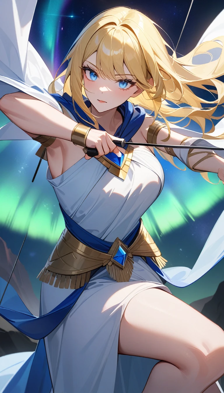 （Huang Li、high quality、Extremely detailed），Constellation-Sagittarius Goddess，Woman archery (Point the bow at the target，Similar to Latin goodness，brave，capricious，Productivity，The face of enterprising and humanitarianism，Long yellow hair，Ancient Greek costumes、Wrap Dress，Conservative clothing，The background is the aurora，Crystal blue eyes（Eyes Details），Powerful appearance, Correct anatomy