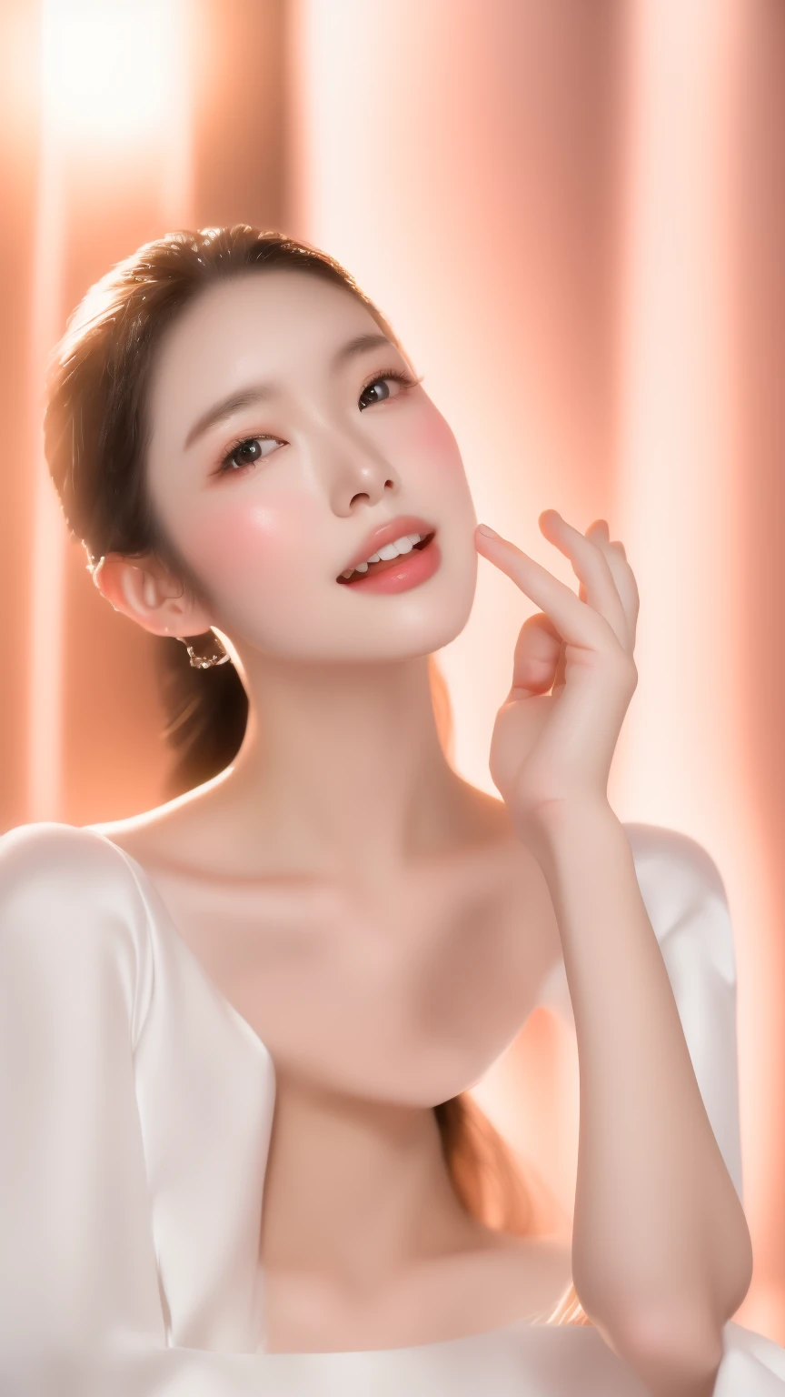 There is a woman holding a toothbrush，Look up, A woman with porcelain skin, beautiful young Korean woman, gorgeous young Korean woman, Young and cute Korean face, Korean woman, beautiful south Korean woman, a Young Asian woman, Smooth porcelain skin, Young Asian woman, Korean facial features, Pointed chin, Smooth and radiant skin, Young beautiful woman, beautiful Young Asian woman