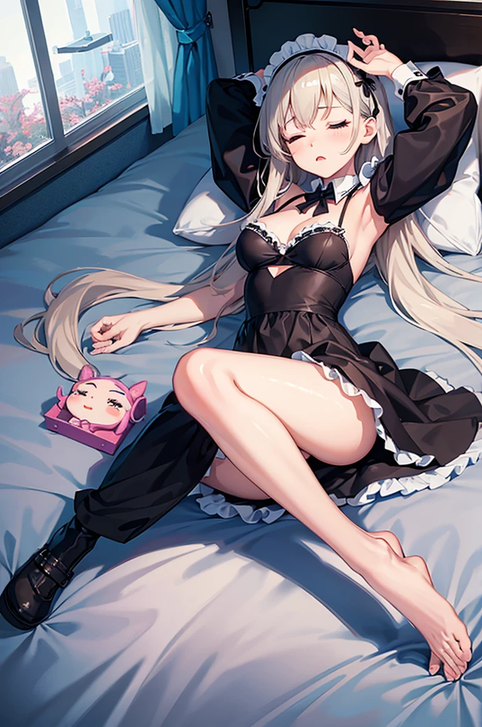 anime girl with maid dress, lying in bed with legs open, eyes closed and mouth open while the anima girl's hand is on her vagina
