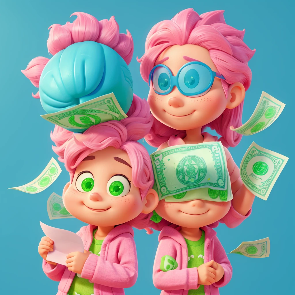 Pink Brain Logo ,holding green money banknotes with blue background,best quality cartoon