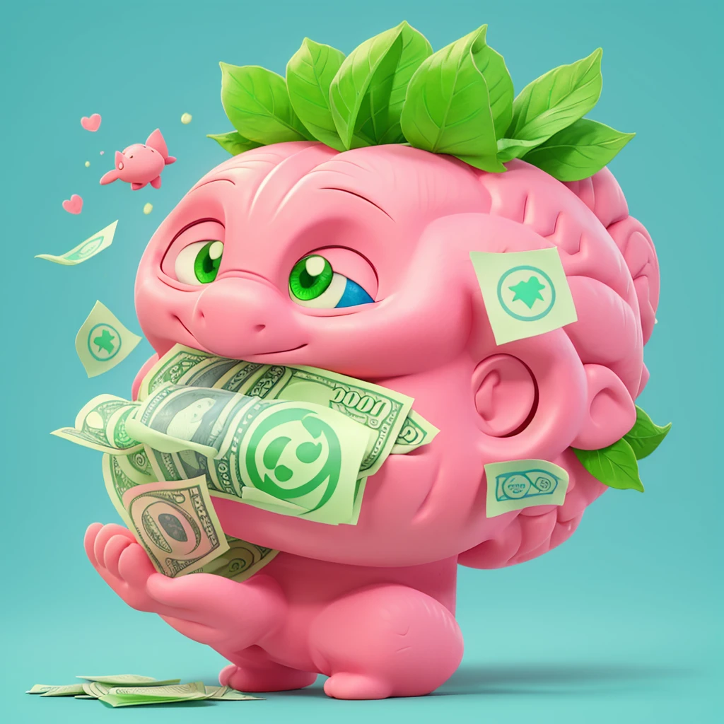 Pink Brain Logo ,holding green money banknotes with blue background,best quality cartoon