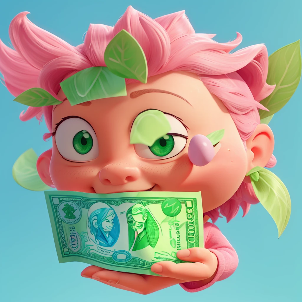 Pink Brain Logo ,holding green money banknotes with blue background,best quality cartoon