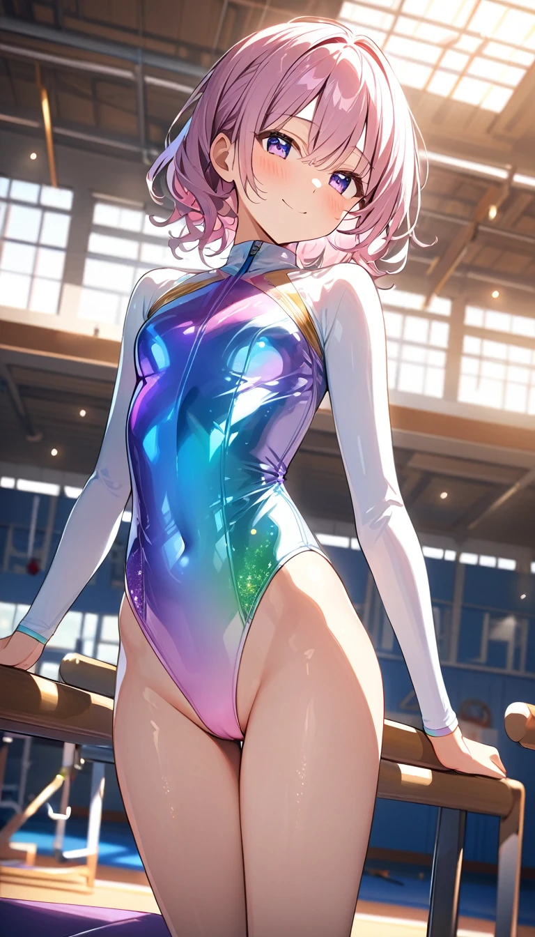 highquality illustration, masterpiece, very delicate and beautiful, attractive girl,(gymnastics leotard, Floral patterns leotard,long sleeve leotard with glittery decoration,high_leg leotard,athletic leotard,tight-fit leotard,iridescent gradient leotard),thin,slender body,slim,high school,gymnasium background,gymnastics club,gymnastics athlete,princess, beautiful eyes,light smile,(masterpiece, best quality:1.2), highres, extremely detailed CG unity 8k wallpaper, perfect lighting, Colourful, ultra-high res,4K,ultra-detailed, photography, 8K, HDR, 17 ages,