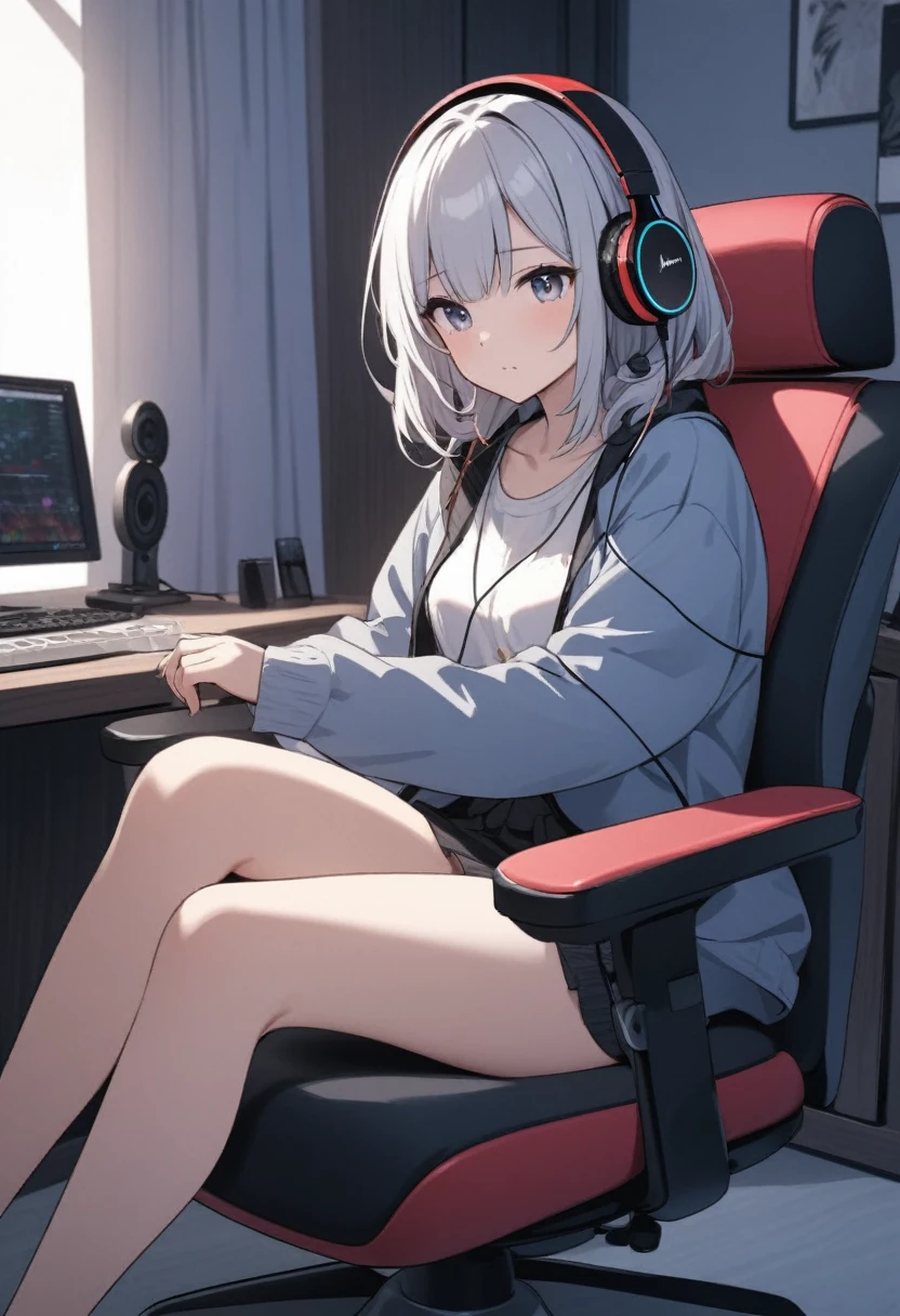 Beautiful girl listening to music with headphones、Inside the room、Sitting on a game chair　