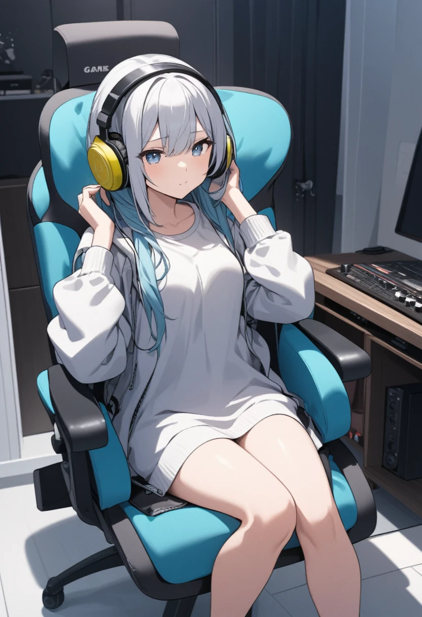 Beautiful girl listening to music with headphones、Inside the room、Sitting on a game chair