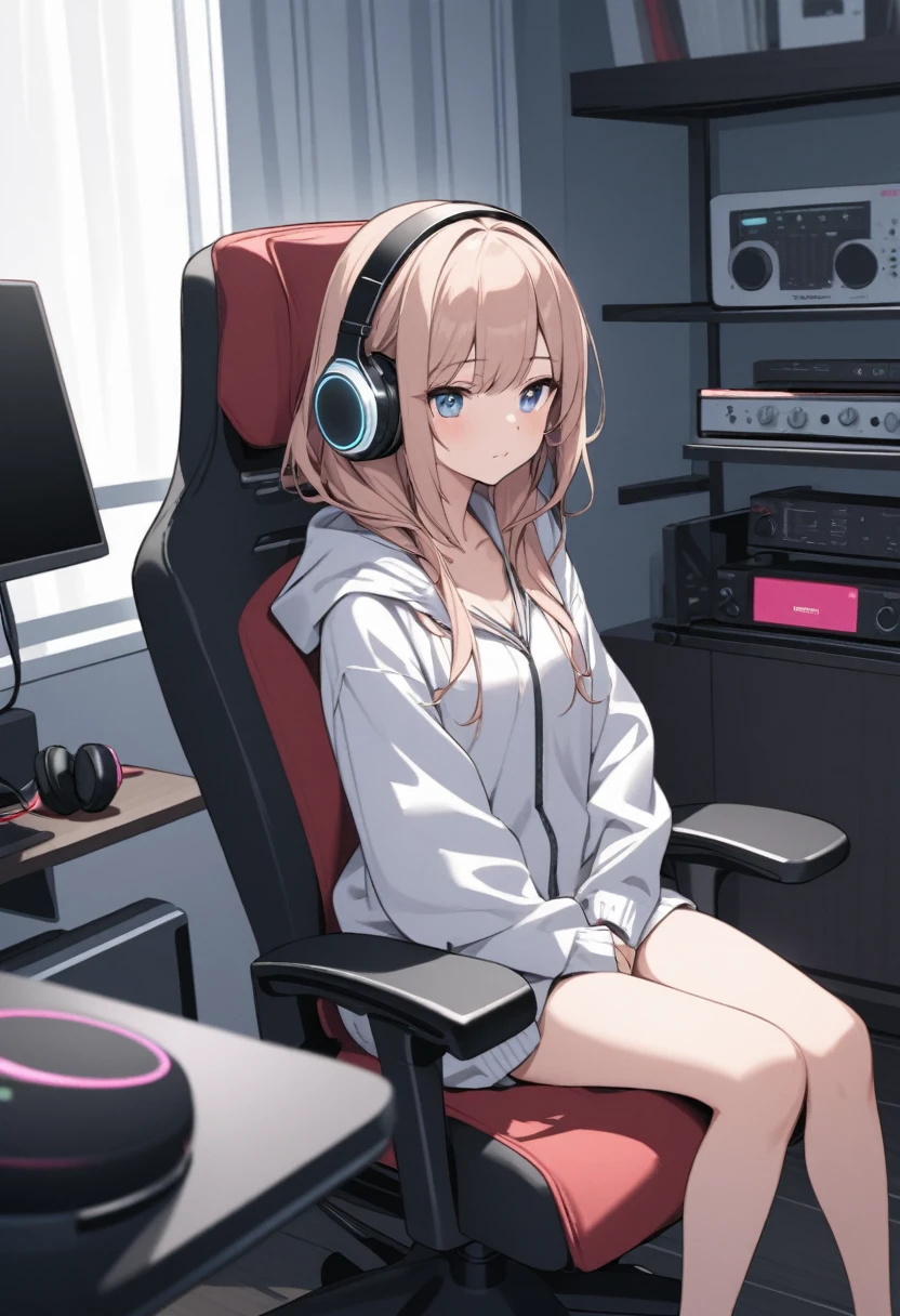 Beautiful girl listening to music with headphones、Inside the room、Sitting on a game chair