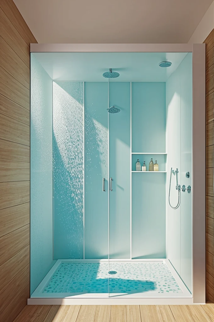 Person showering in a cube-shaped shower but without walls, instead of walls there are screens where the image of a beach with sea and sand is reflected, so that the person feels like they are bathing in the middle of the beach ..like an immersive shower