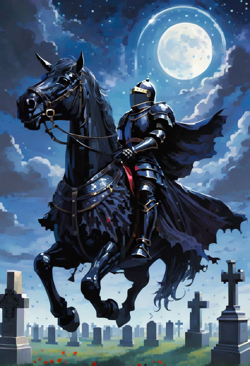 gothic black knight injured Floating in mid-air, ascending to the Sky, to the night sky in a cemetery