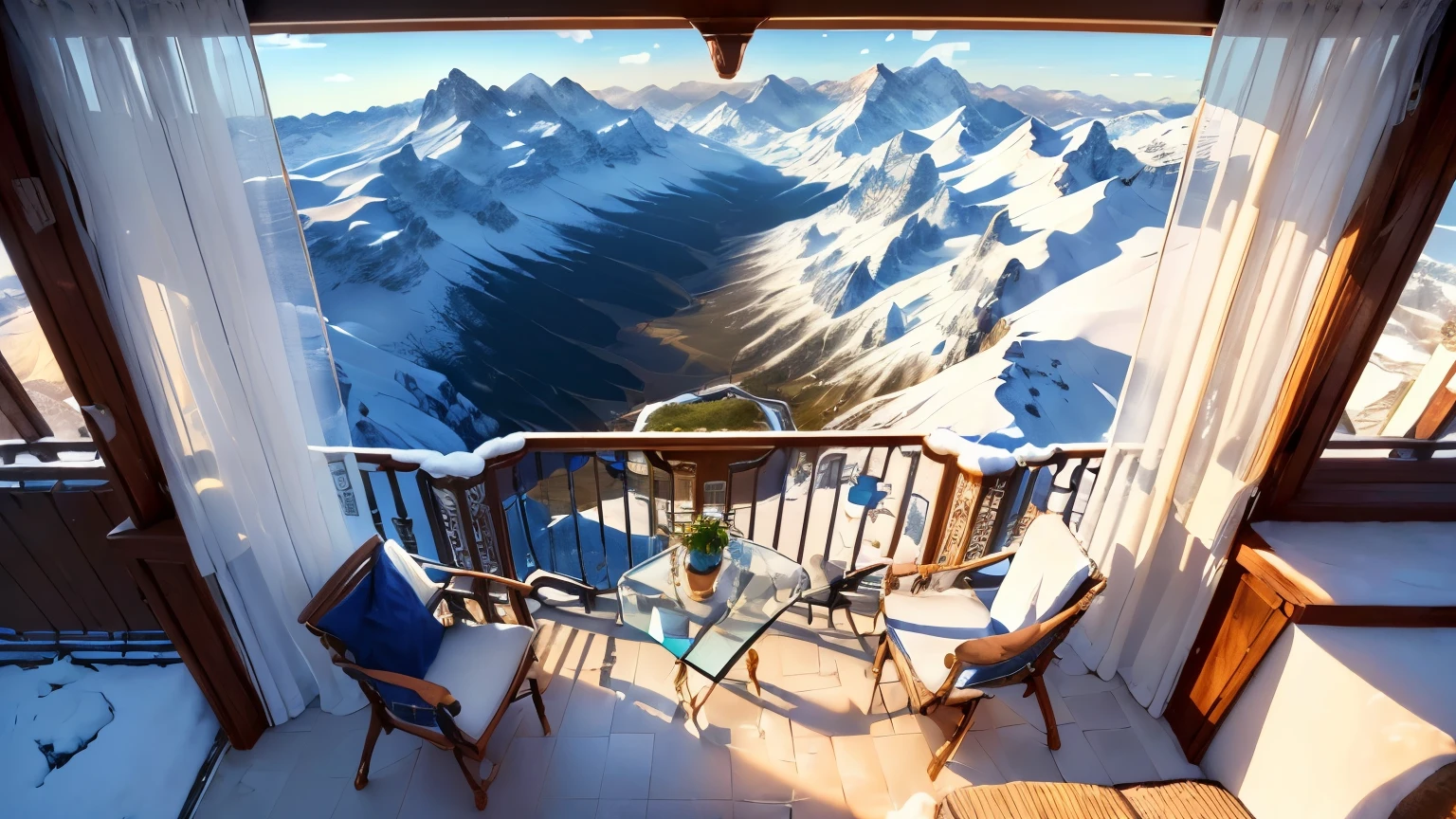 (((Different world interior scene,Balcony on the top of the mountain,))),Snowy mountain tops,Blue flag,European style,White gauze curtains,beauty,Spectacular,majesty,luxurious,Ice cubes,Crystal clear,Glass,transparent,Light,warmth,