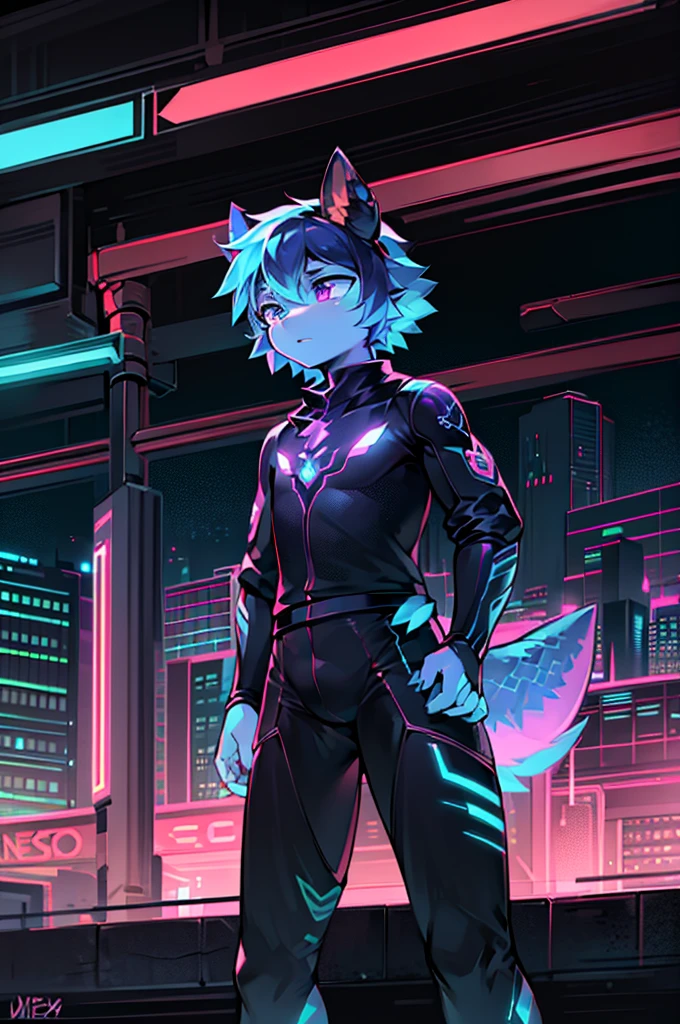 A mythical Kraken ninja stands poised in a neon-lit, dystopian metropolis, rendered in stunning 4K resolution, blending ancient legend with futuristic cyberpunk flair. The ninja's ornate, high-tech armor glows with a mesmerizing iridescent sheen, as intricate circuitry and glowing accents dance across the metallic surface. The dragon's scales shimmer in hues of indigo, violet, and electric blue, while neon accents pulse in fiery oranges and greens, casting an otherworldly glow across the surrounding urban landscape, exuding a sense of cutting-edge, cinematic grandeur.
