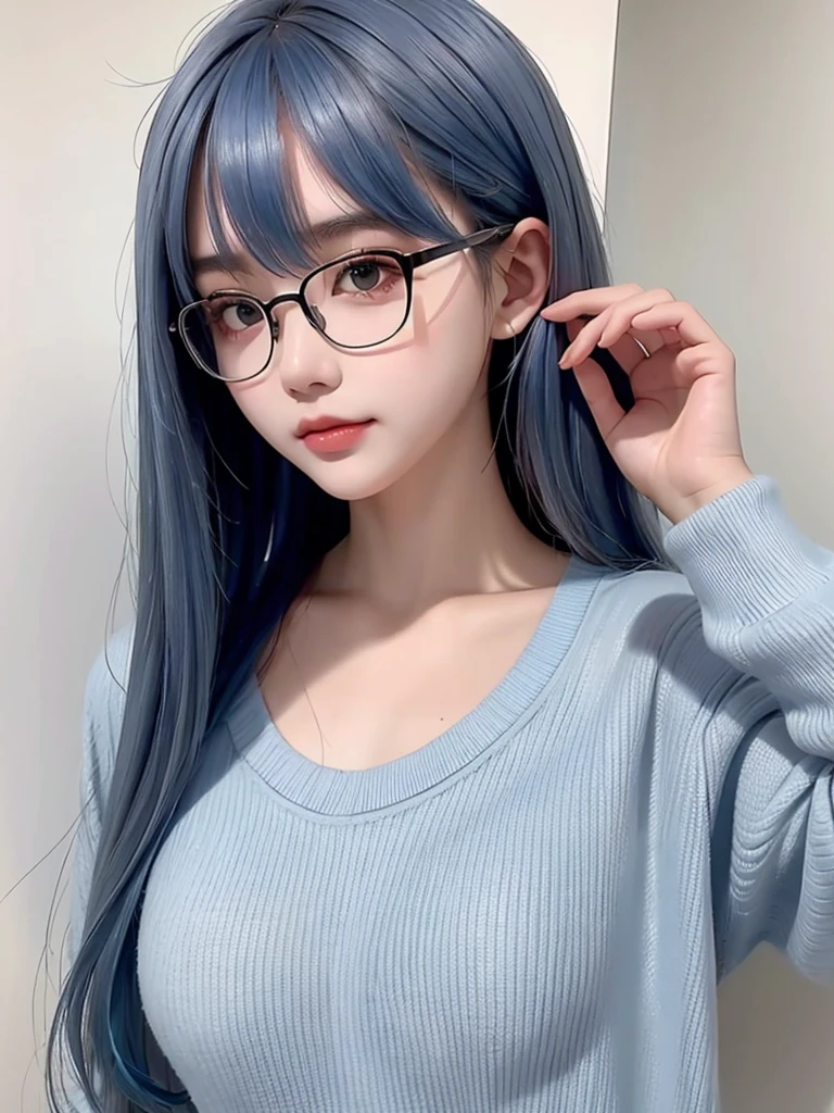 ((Idle level girl)), Masterpiece, highest image quality, Super detailed, (Perfect body:1.3), (perfect face+Glasses+messy hair+Blue hair with gray bob hair), closure, viewer's perspective, she bent down,Catching the audience's attention。Detailed hair,bright smile、Delicate blue eyes(lifelike eyes),professional lighting,