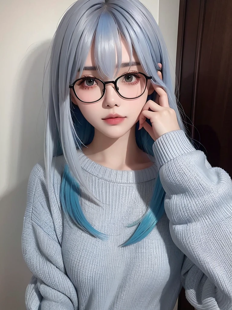 ((Idle level girl)), Masterpiece, highest image quality, Super detailed, (Perfect body:1.3), (perfect face+Glasses+messy hair+Blue hair with gray bob hair), closure, viewer's perspective, she bent down,Catching the audience's attention。Detailed hair,bright smile、Delicate blue eyes(lifelike eyes),professional lighting,