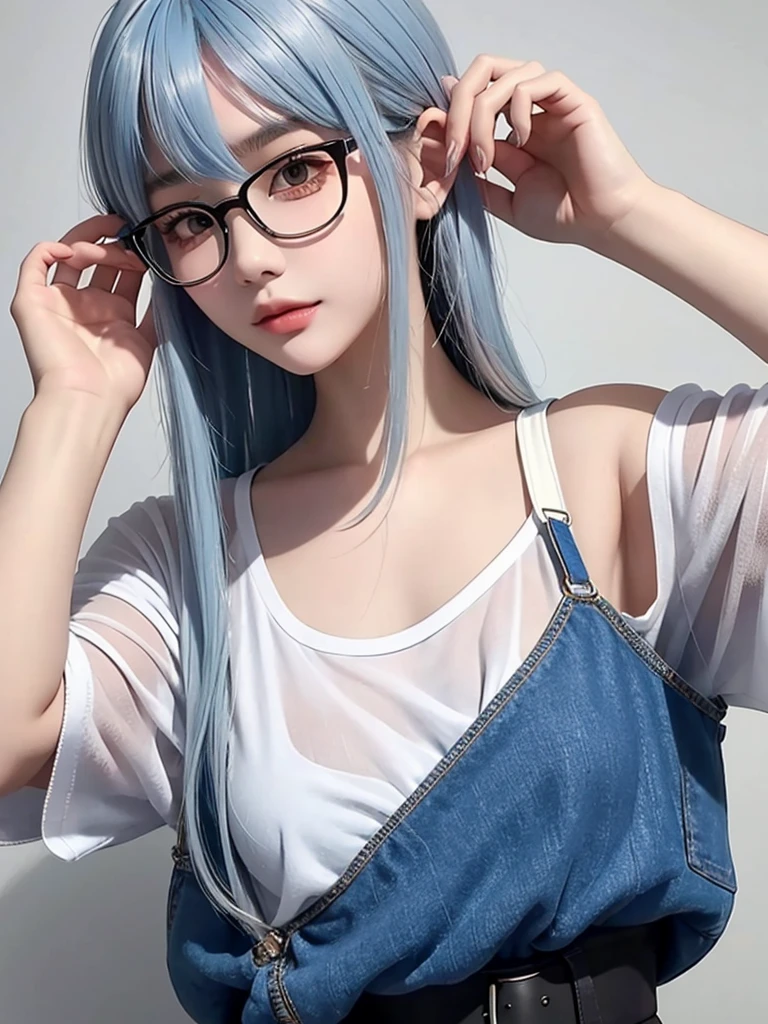 ((Idle level girl)), Masterpiece, highest image quality, Super detailed, (Perfect body:1.3), (perfect face+Glasses+messy hair+gray bob hair+ red eyes), closure, viewer's perspective, she bent down,Catching the audience's attention。Detailed hair,bright smile、Delicate blue eyes(lifelike eyes),professional lighting,