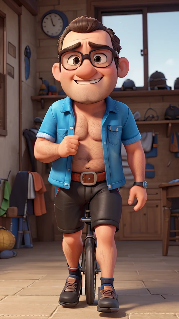 naughty man, Youngh, biker, cycling glasses, cycling helmet, very lazy, baldie,  plumpness, hairy chest, roupa de biker, medium height, Pixar-style, 4K