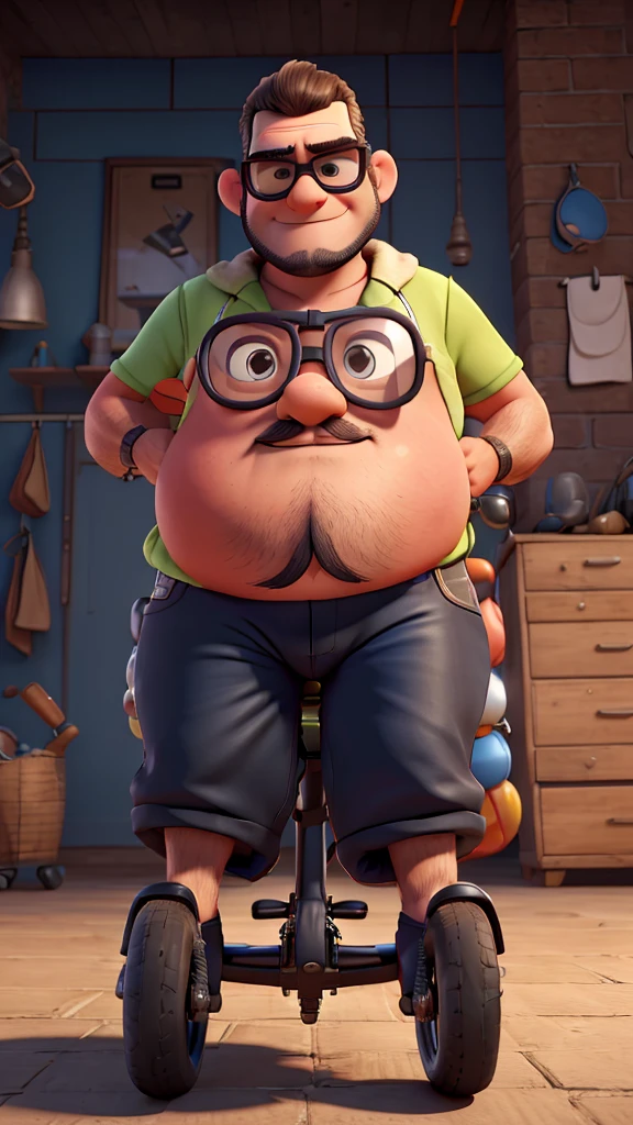 naughty man, Youngh, biker, cycling glasses, cycling helmet, very lazy, baldie, plumpness, hairy chest, roupa de biker, medium height, Pixar-style, 4K
