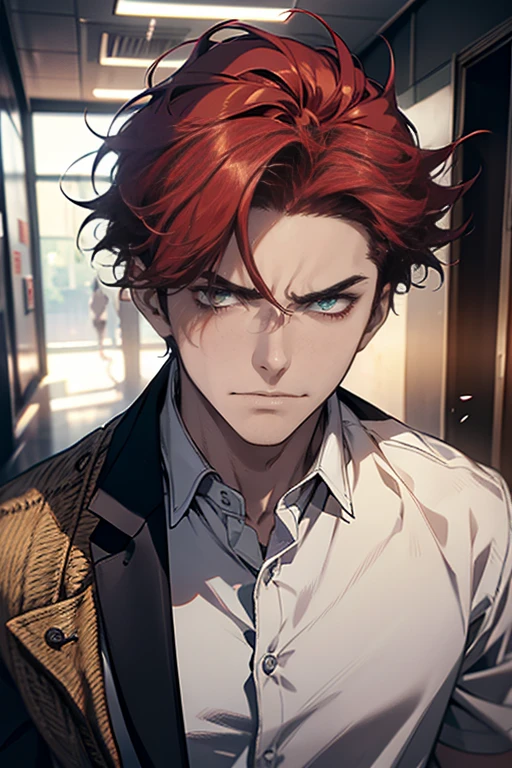 a male student with red messy hair, frowning in a school corridor, wearing a white shirt, with an evil smile, detailed CG portrait, cinematic lighting, dramatic shadow, ray tracing, 8k resolution, best quality, high detail, photorealistic