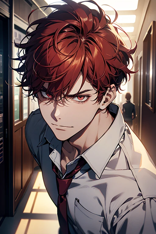 a male student with red messy hair, frowning in a school corridor, wearing a white shirt, with an evil smile, detailed CG portrait, cinematic lighting, dramatic shadow, ray tracing, 8k resolution, best quality, high detail, photorealistic