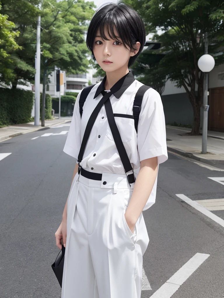 short hair、Black Hair、White Uniform、(Black trousers)、Forehead、knife、Otoku worries too