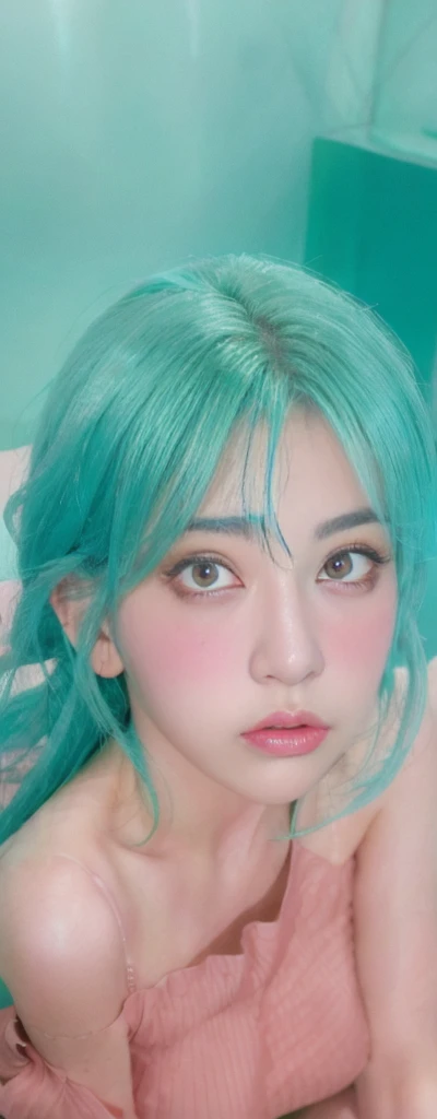 Masterpiece, best quality, 1girl, solo, 18 years old, adult, teal and green hair, aqua eyes, voluptuous, toned, 167cm, pale skin, seductive expression, olive pink tight cube top, tight short skirt, off shoulder